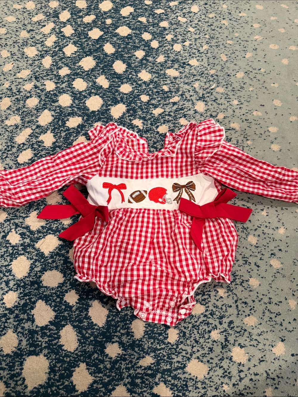 Red Gingham Baby Romper with Football Embroidery
